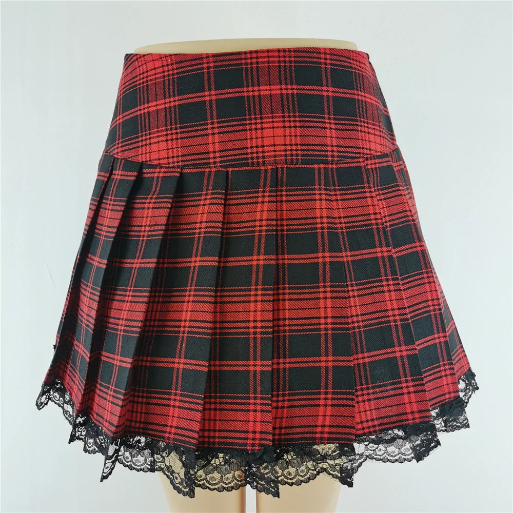 Plaid New Contrast Lace Pleated Vintage Sexy Skater Clothes Harajuku England Style Y2K Skirt
