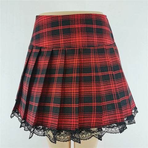 Plaid New Contrast Lace Pleated Vintage Sexy Skater Clothes Harajuku England Style Y2K Skirt