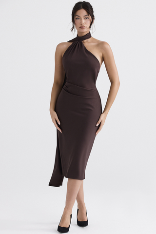 Chocolate Wrap Stylish Neck Midi Dress