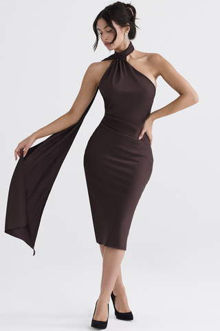 Chocolate Wrap Stylish Neck Midi Dress