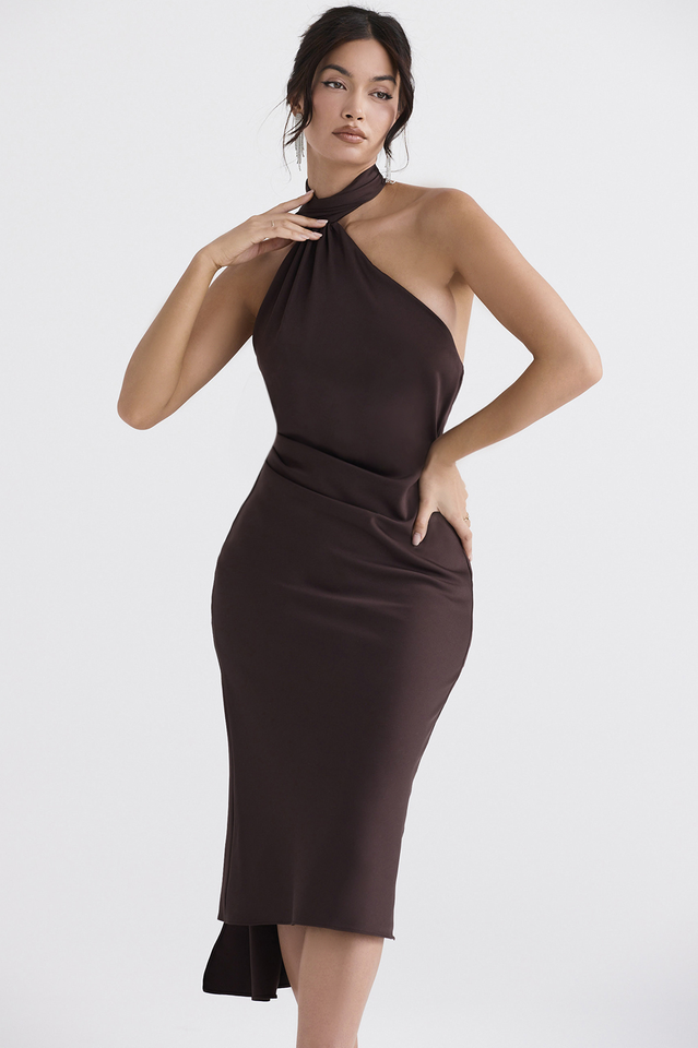 Chocolate Wrap Stylish Neck Midi Dress