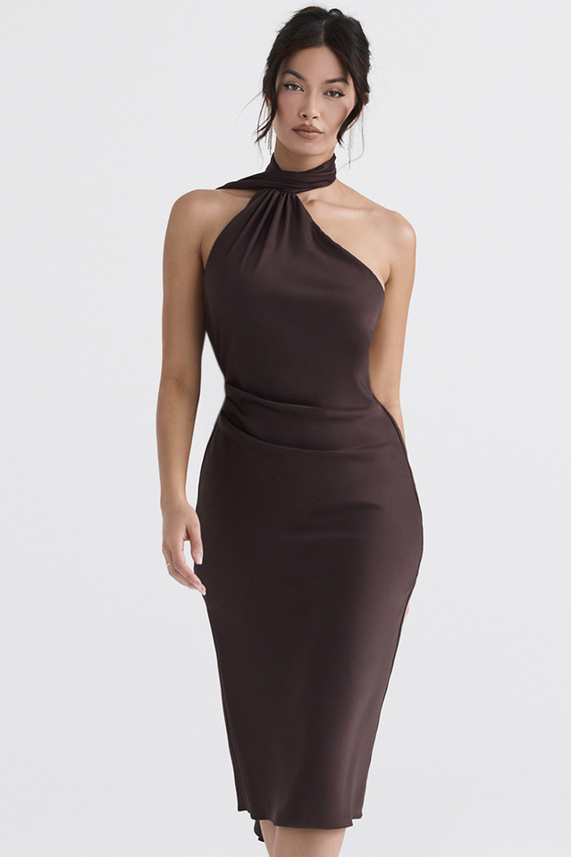 Chocolate Wrap Stylish Neck Midi Dress