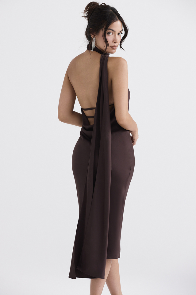 Chocolate Wrap Stylish Neck Midi Dress