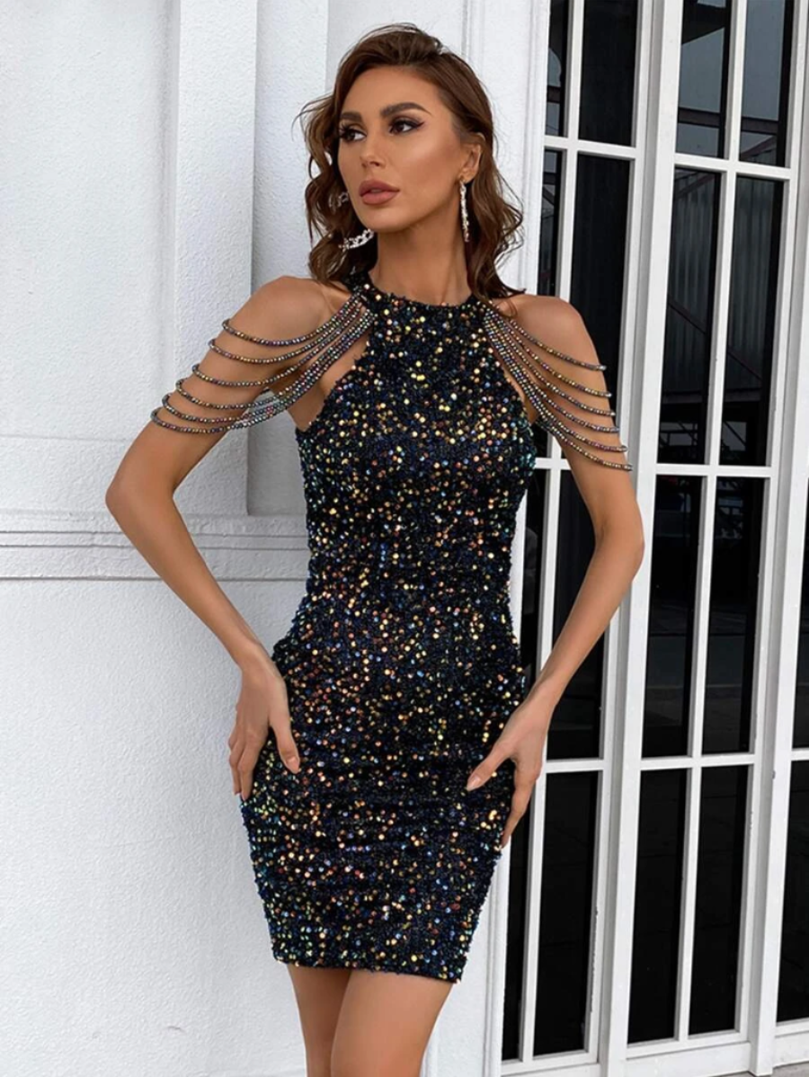 Chain Detail Stylish Sequin Bodycon Dress