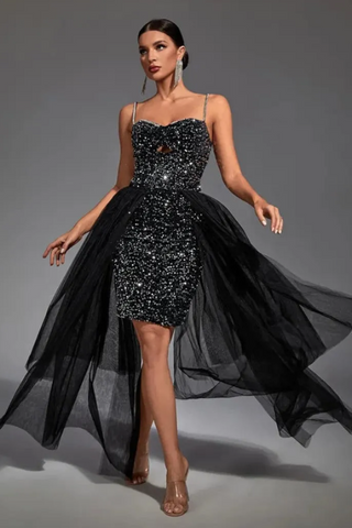 Ariel Black Stylish Sequin Diamante Dress