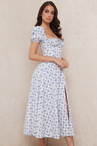 Tallulah Floral Puff Charming Sleeve Midi Dress