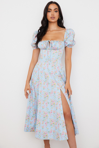 Tallulah Floral Puff Charming Sleeve Midi Dress