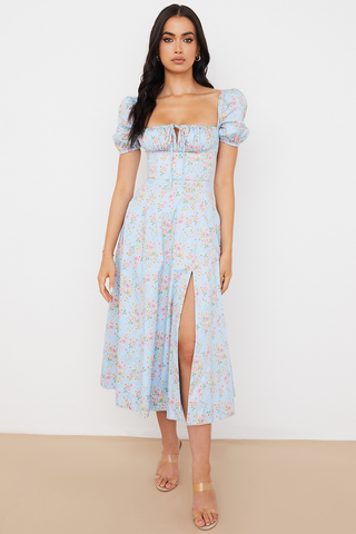 Tallulah Floral Puff Charming Sleeve Midi Dress