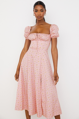 Tallulah Floral Puff Charming Sleeve Midi Dress