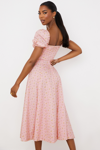 Tallulah Floral Puff Charming Sleeve Midi Dress