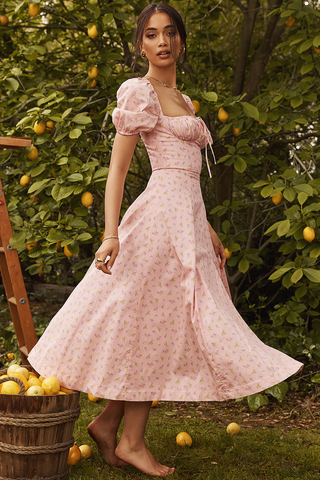 Tallulah Floral Puff Charming Sleeve Midi Dress