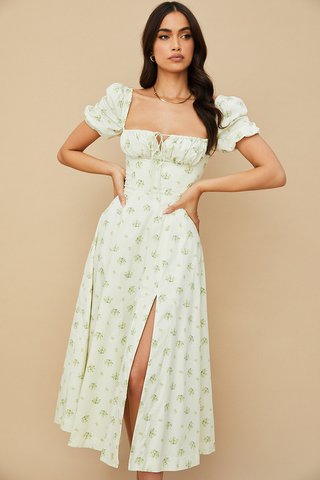 Tallulah Floral Puff Charming Sleeve Midi Dress