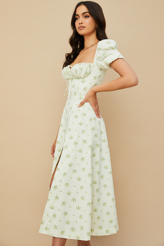 Tallulah Floral Puff Charming Sleeve Midi Dress