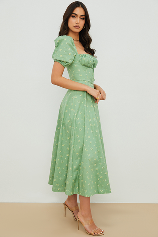 Tallulah Floral Puff Charming Sleeve Midi Dress