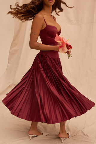 Beau Burgundy Stylish Pleated Midi Dress