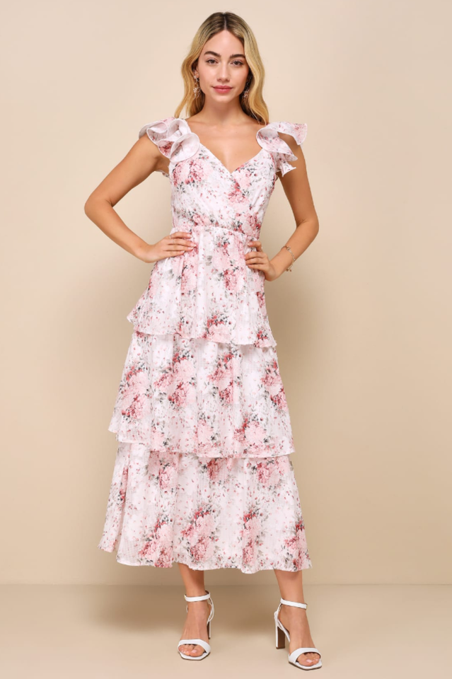 Ivory Floral Burnout Charming Tiered Midi Dress