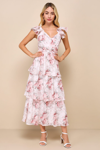 Ivory Floral Burnout Charming Tiered Midi Dress