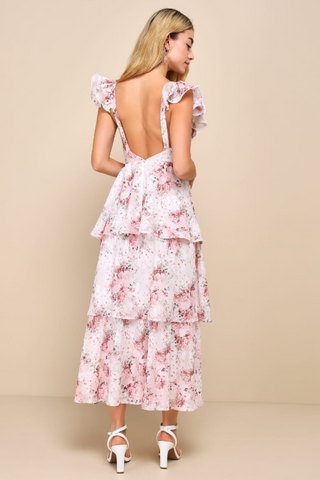 Ivory Floral Burnout Charming Tiered Midi Dress