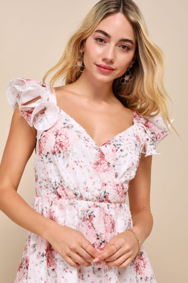 Ivory Floral Burnout Charming Tiered Midi Dress