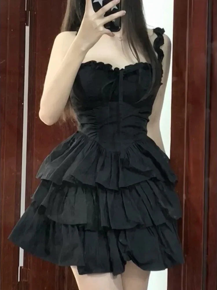 Hrajuku Goth Cute Fashion Lolita Party Ruffles Cake Y2K Black Soft Coquette Short Girl 2024 Kawaii Dress