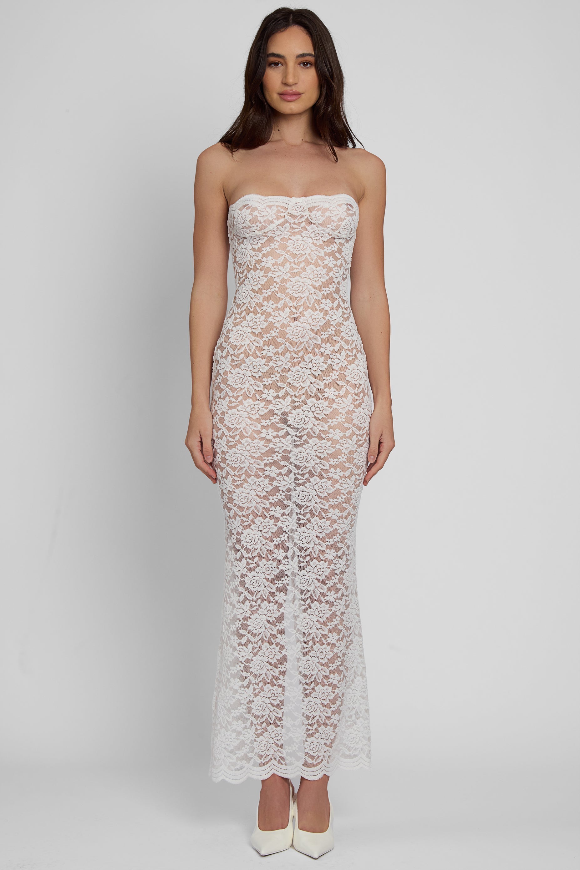 Soleil Scalloped Lace Trendy Midi Dress - White