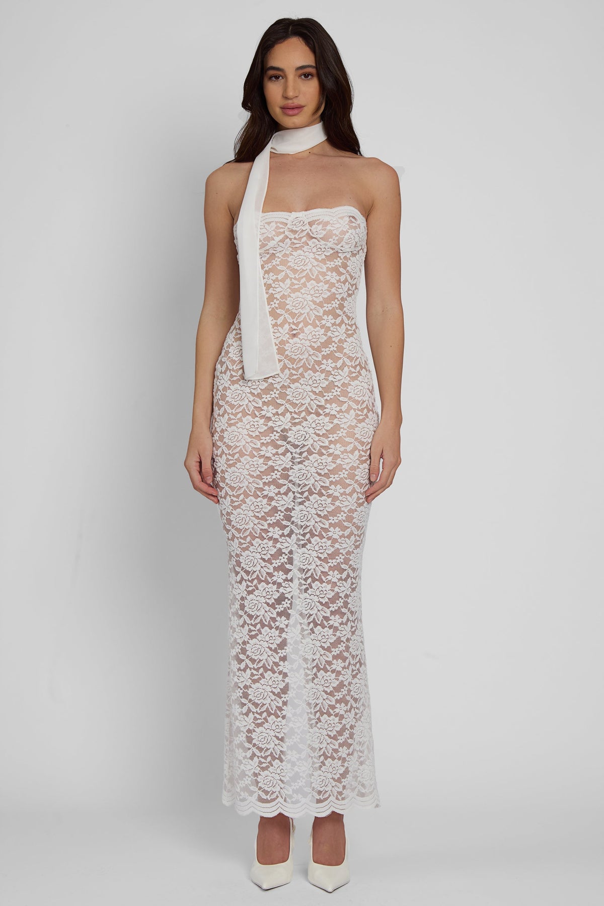 Soleil Scalloped Lace Trendy Midi Dress - White