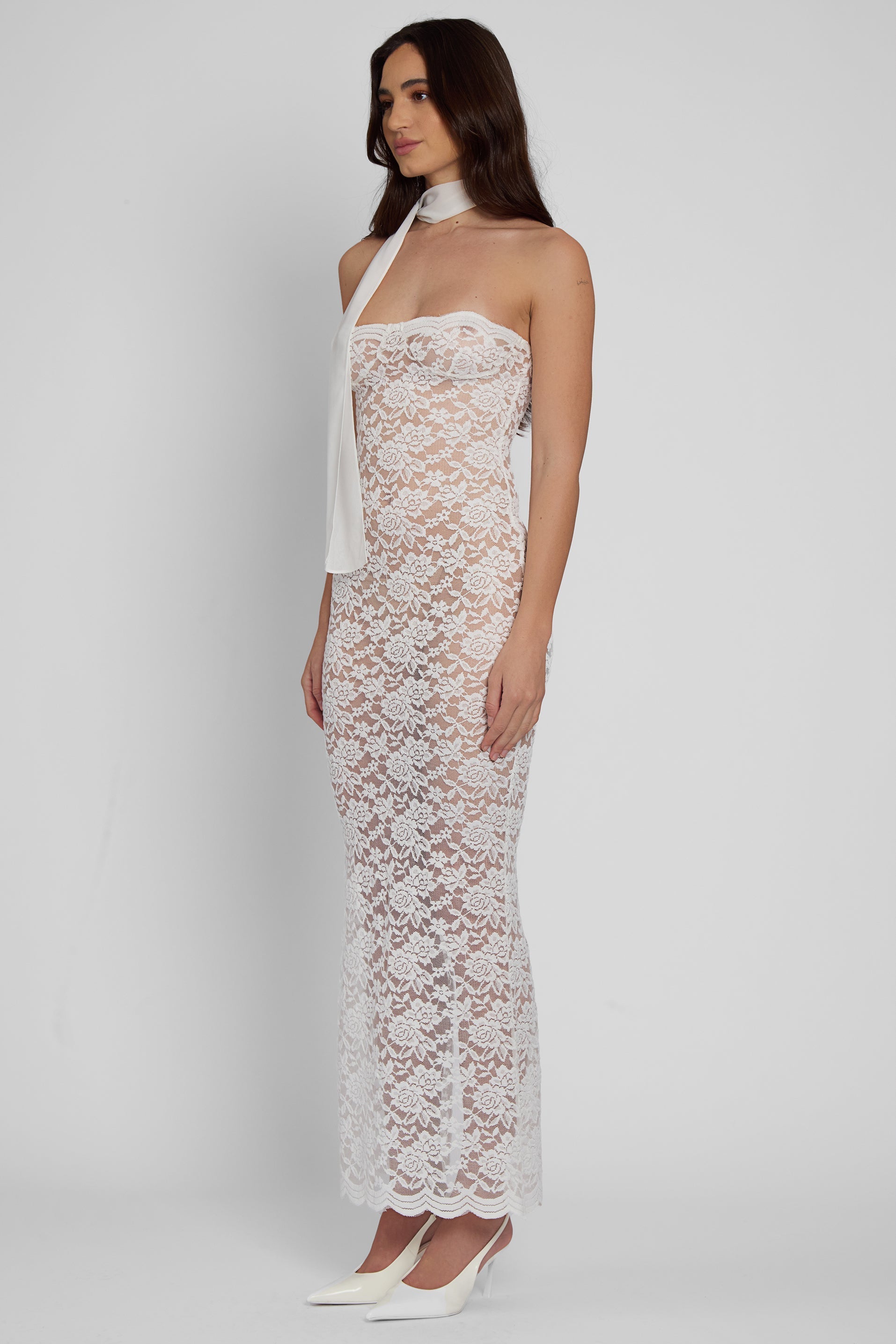 Soleil Scalloped Lace Trendy Midi Dress - White