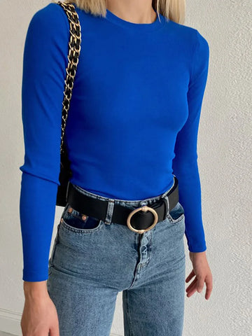 Ribbed Neck Mesh Cropped Long Sleeve Crop Top