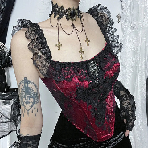 Gothic Victorian Patchwork Lace Tube Punk Bustier Crop Ruched Top