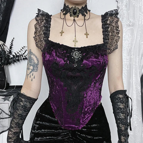 Gothic Victorian Patchwork Lace Tube Punk Bustier Crop Ruched Top