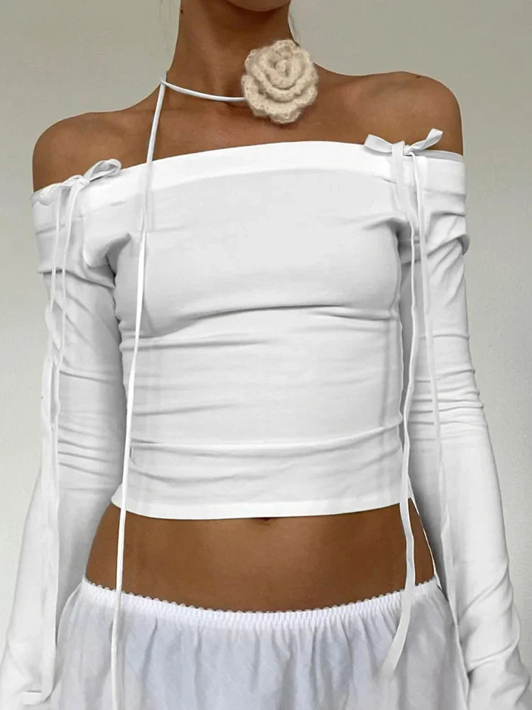 Bow Off Shoulder Skinny Basic Streetwear Crop Top