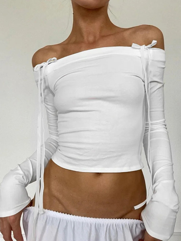 Bow Off Shoulder Skinny Basic Streetwear Crop Top