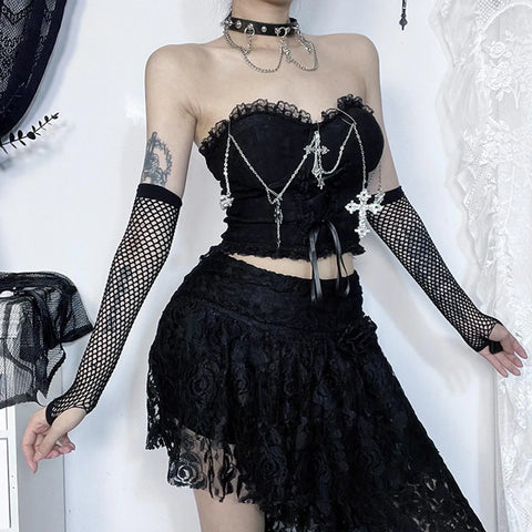 Dark Chain Style Chest Gothic Crop Top Tube Sexy Wrapped Top