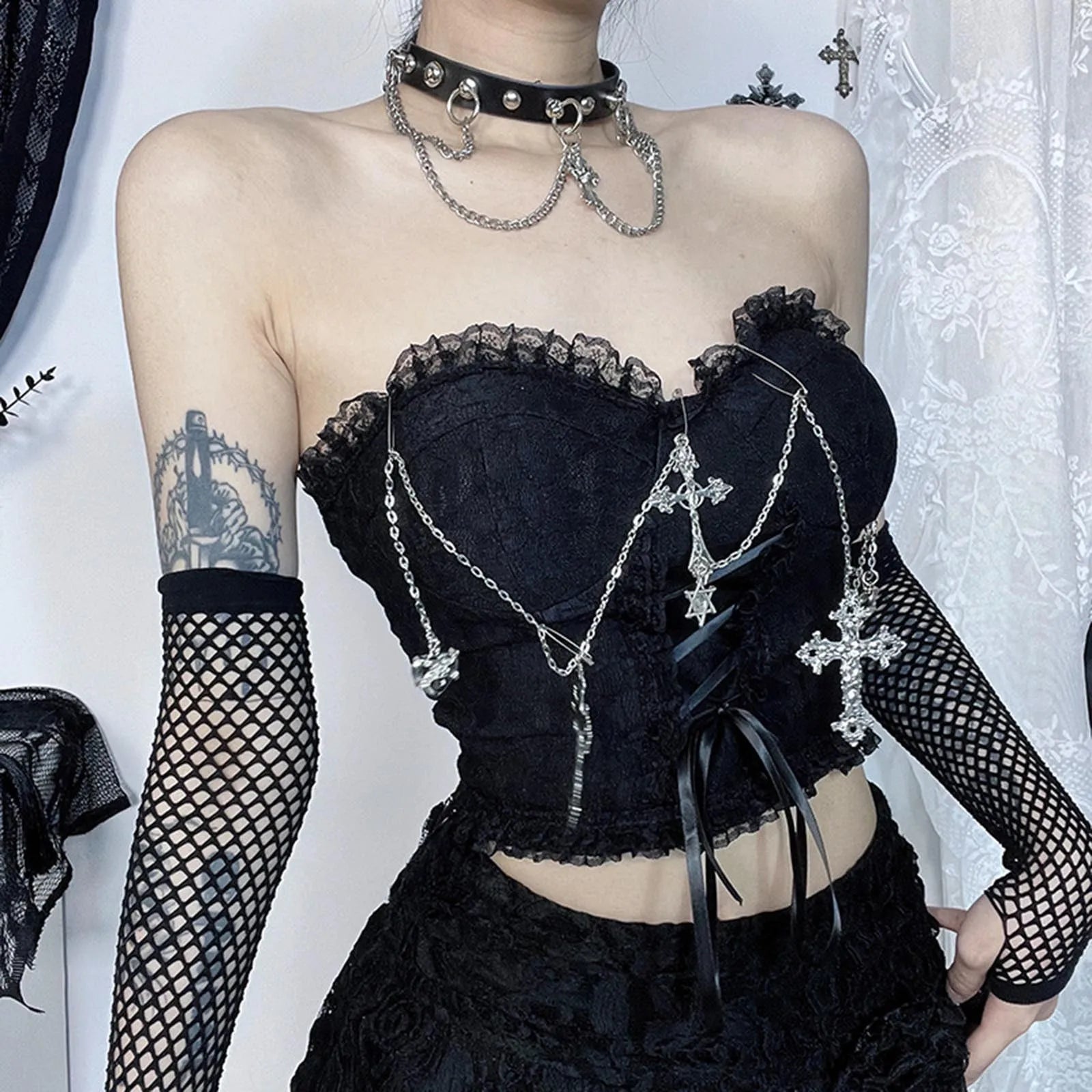 Dark Chain Style Chest Gothic Crop Top Tube Sexy Wrapped Top