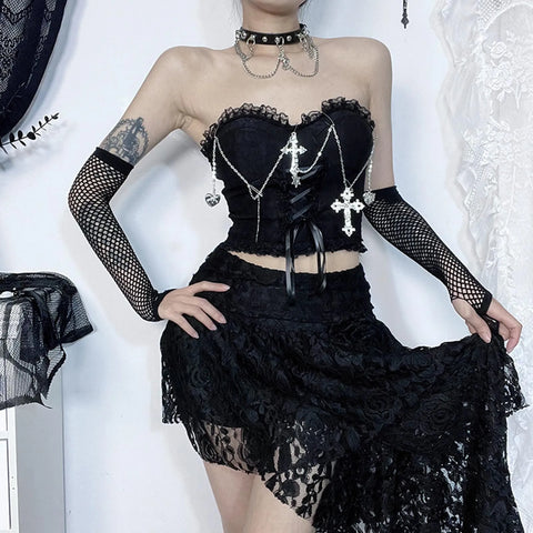 Dark Chain Style Chest Gothic Crop Top Tube Sexy Wrapped Top