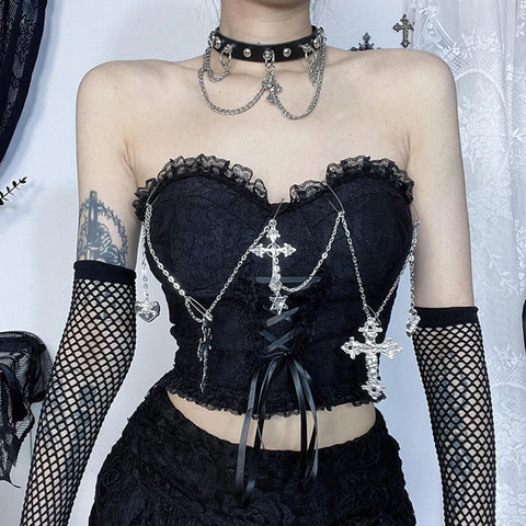 Dark Chain Style Chest Gothic Crop Top Tube Sexy Wrapped Top