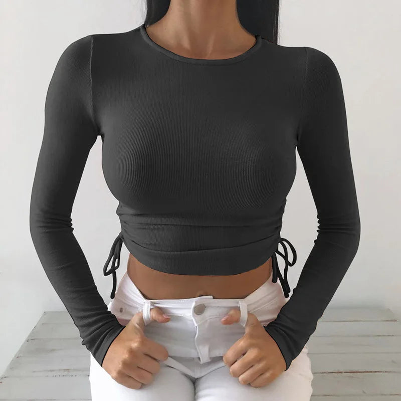 O-Neck Long Sleeve Bodycon Crop Top