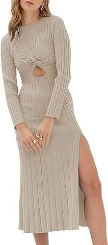 Skinny Knitted Long-sleeved O-neck Hollow Out Solid Split Midi Dress