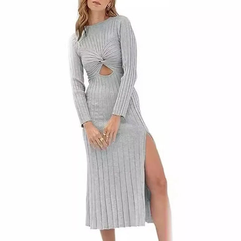 Skinny Knitted Long-sleeved O-neck Hollow Out Solid Split Midi Dress