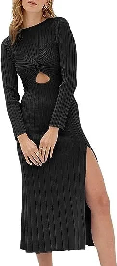 Skinny Knitted Long-sleeved O-neck Hollow Out Solid Split Midi Dress