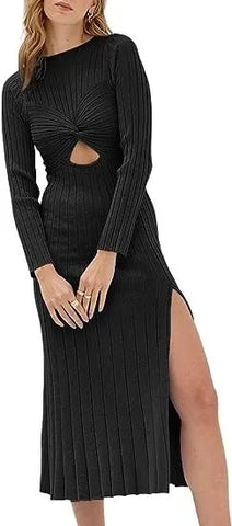 Skinny Knitted Long-sleeved O-neck Hollow Out Solid Split Midi Dress