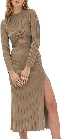 Skinny Knitted Long-sleeved O-neck Hollow Out Solid Split Midi Dress