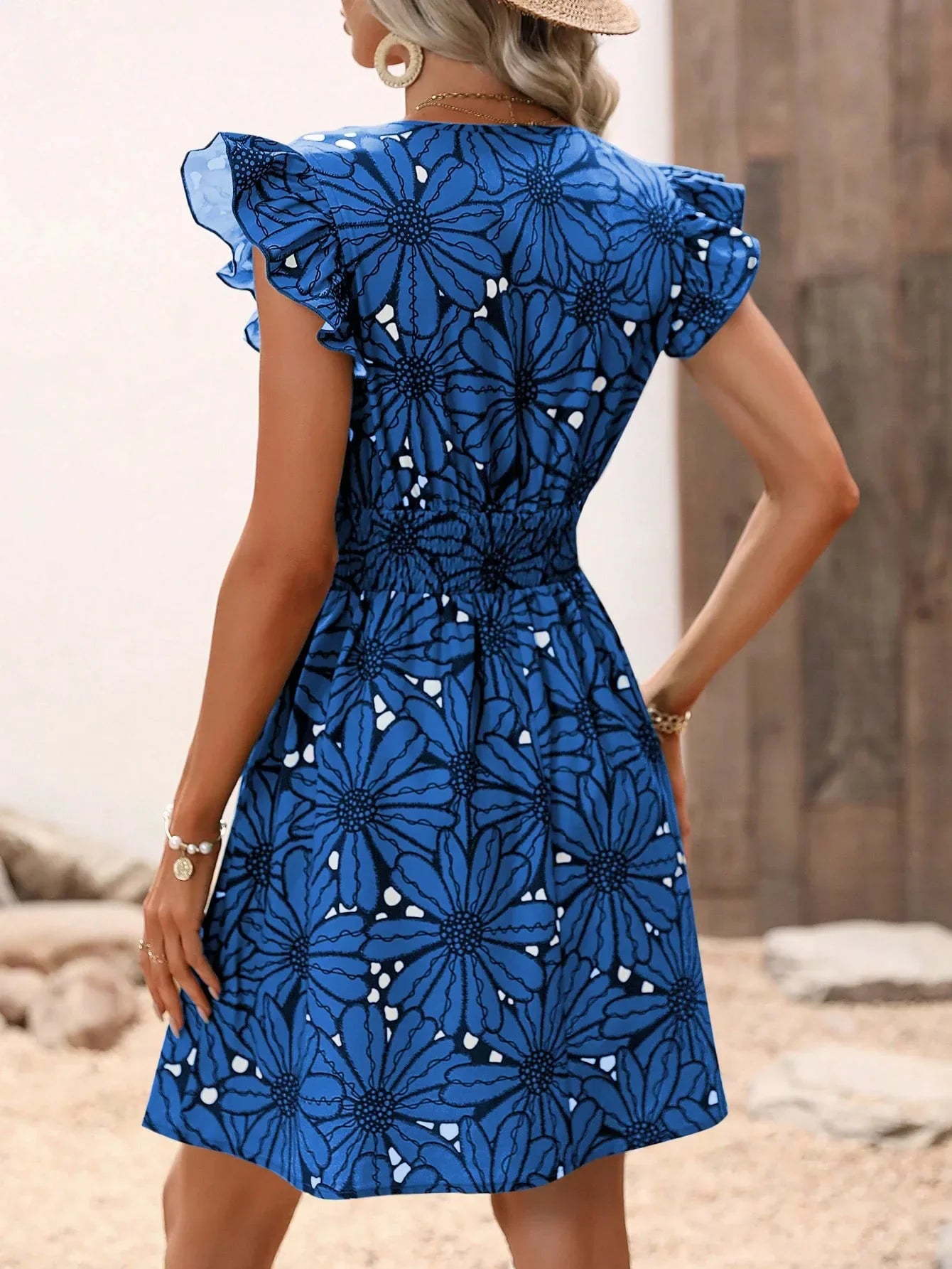 Skinny Flying Sleeve Summer Women V-neck Elastic High Waist Flower Ruffled Sleeveless Mini Dress
