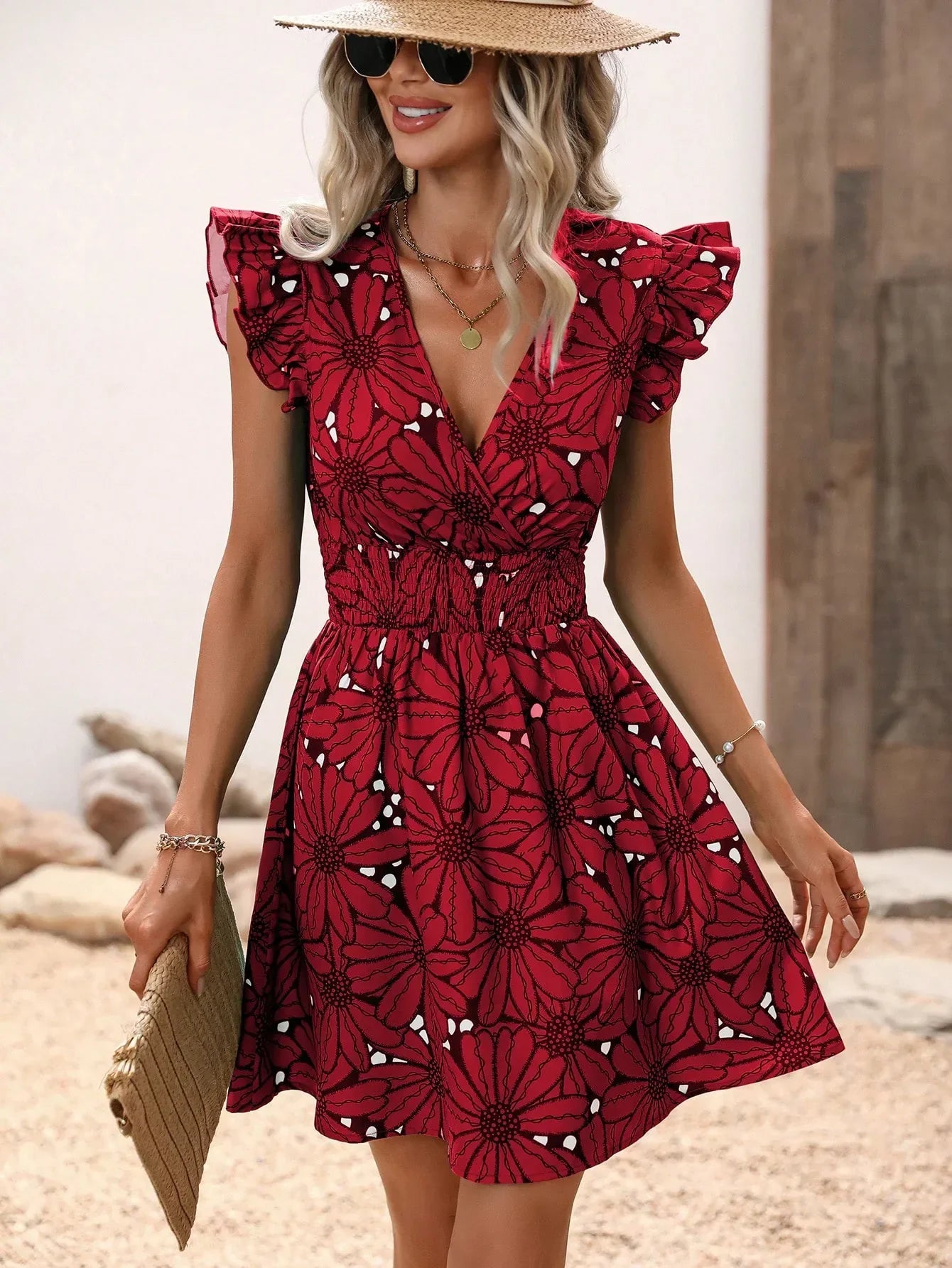Skinny Flying Sleeve Summer Women V-neck Elastic High Waist Flower Ruffled Sleeveless Mini Dress