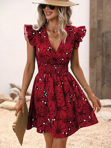 Skinny Flying Sleeve Summer Women V-neck Elastic High Waist Flower Ruffled Sleeveless Mini Dress