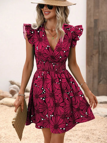 Skinny Flying Sleeve Summer Women V-neck Elastic High Waist Flower Ruffled Sleeveless Mini Dress