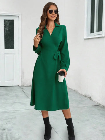 Skinny Summer Women Midi Dress 2024 New Lace-up V-Neck Solid Full Lantern Sleeve High Waist A-line Midi Dress