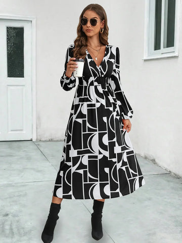 Skinny Summer Women Midi Dress 2024 New V-Neck Full Lantern Sleeve Print High Waist A-line Midi Dress