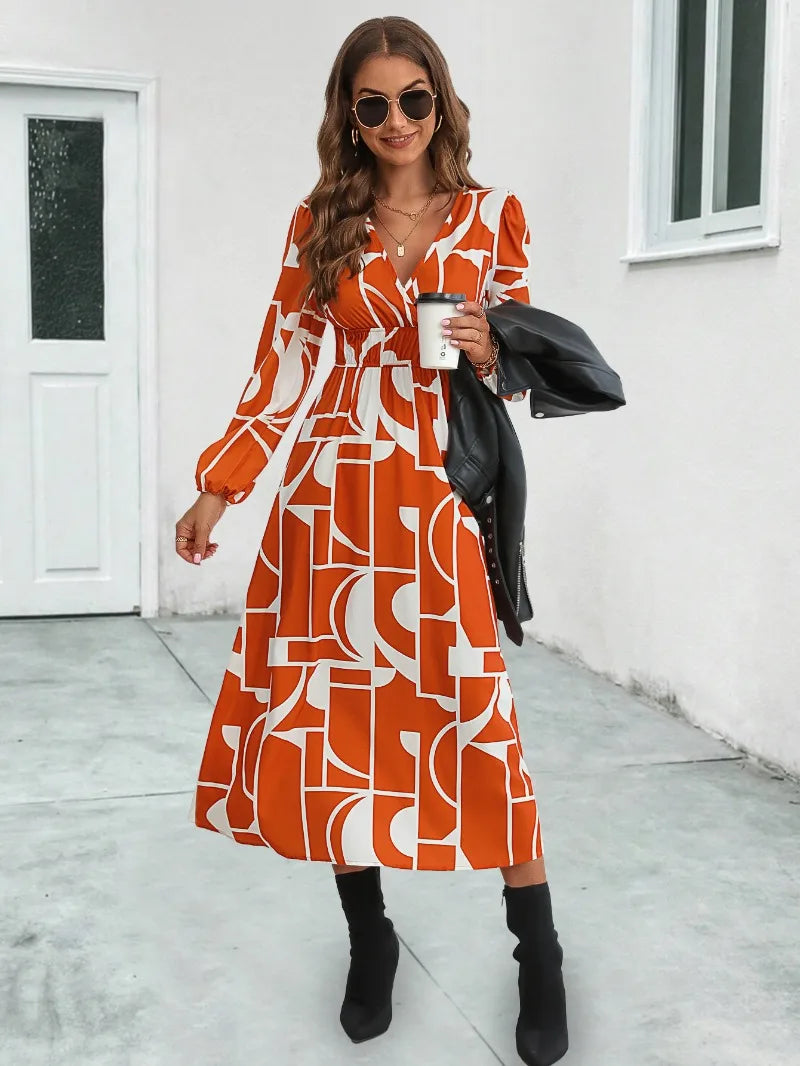 Skinny Summer Women Midi Dress 2024 New V-Neck Full Lantern Sleeve Print High Waist A-line Midi Dress