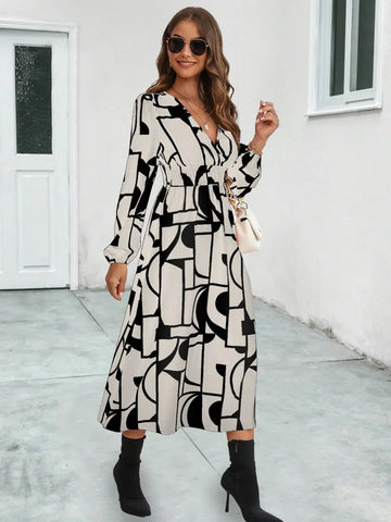 Skinny Summer Women Midi Dress 2024 New V-Neck Full Lantern Sleeve Print High Waist A-line Midi Dress